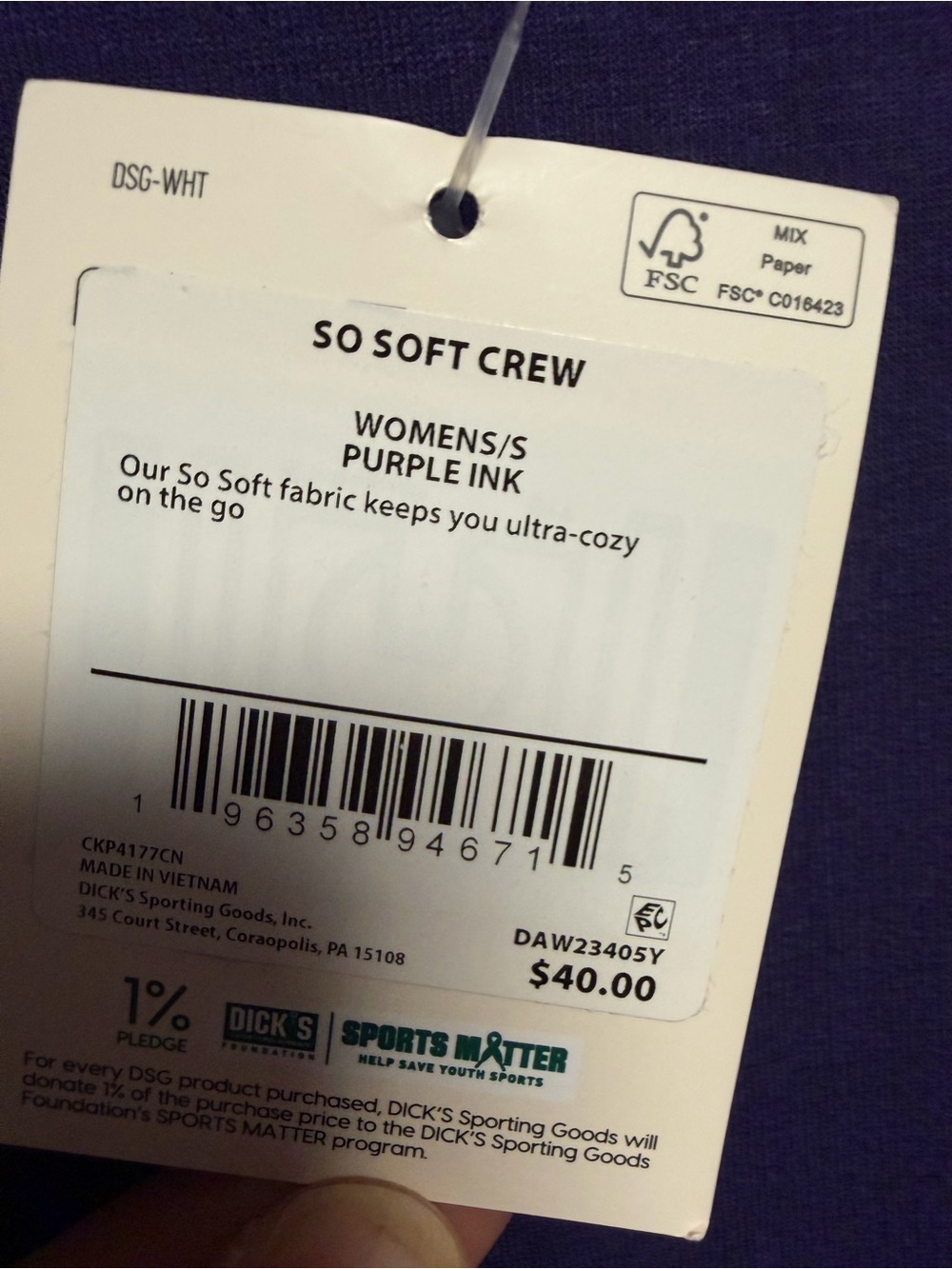 DSG Dicks Sporting Goods So Soft Crew Sweatshirt Purple Ink NWT Size S - Picture 3 of 3